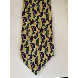 Bert Pulitzer  Men's Tie Silk Made In USA Yellow/Maize With Purple Sailboats